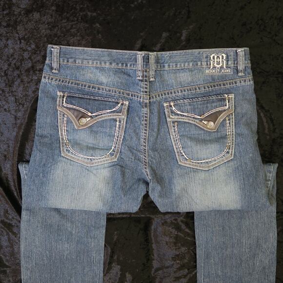 Mens Request Denim Jeans Embroidered 40x32 Leather Detail Back Patch Straight - Picture 11 of 14